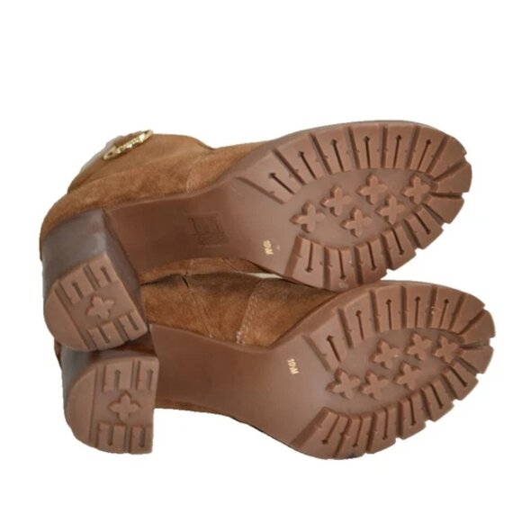 $500 TORY BURCH Sofia Lug Sole Suede Mid-heel Booties LOGO Brown 10.5 (MG24) - Picture 6 of 7